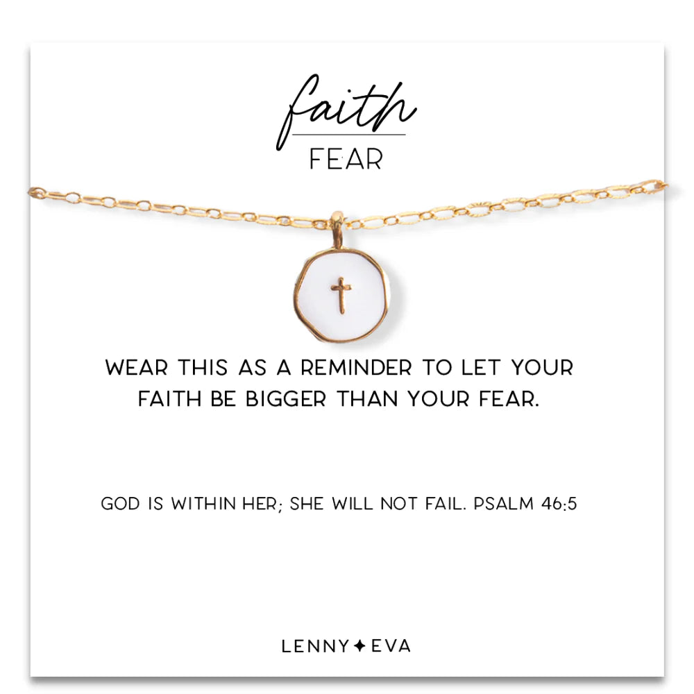 Faith Over Fear White Enamel Cross Pendant on Gold Chain
