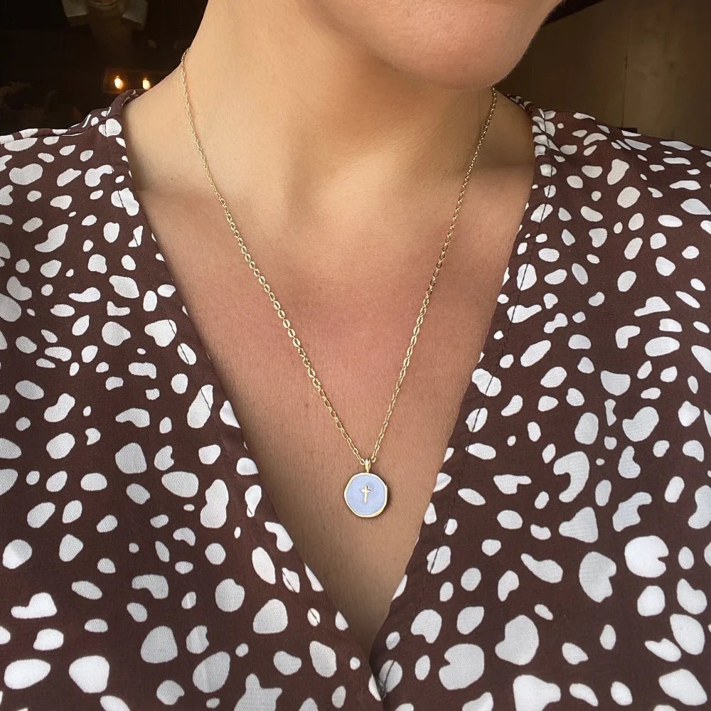 Faith Over Fear White Enamel Cross Pendant on Gold Chain