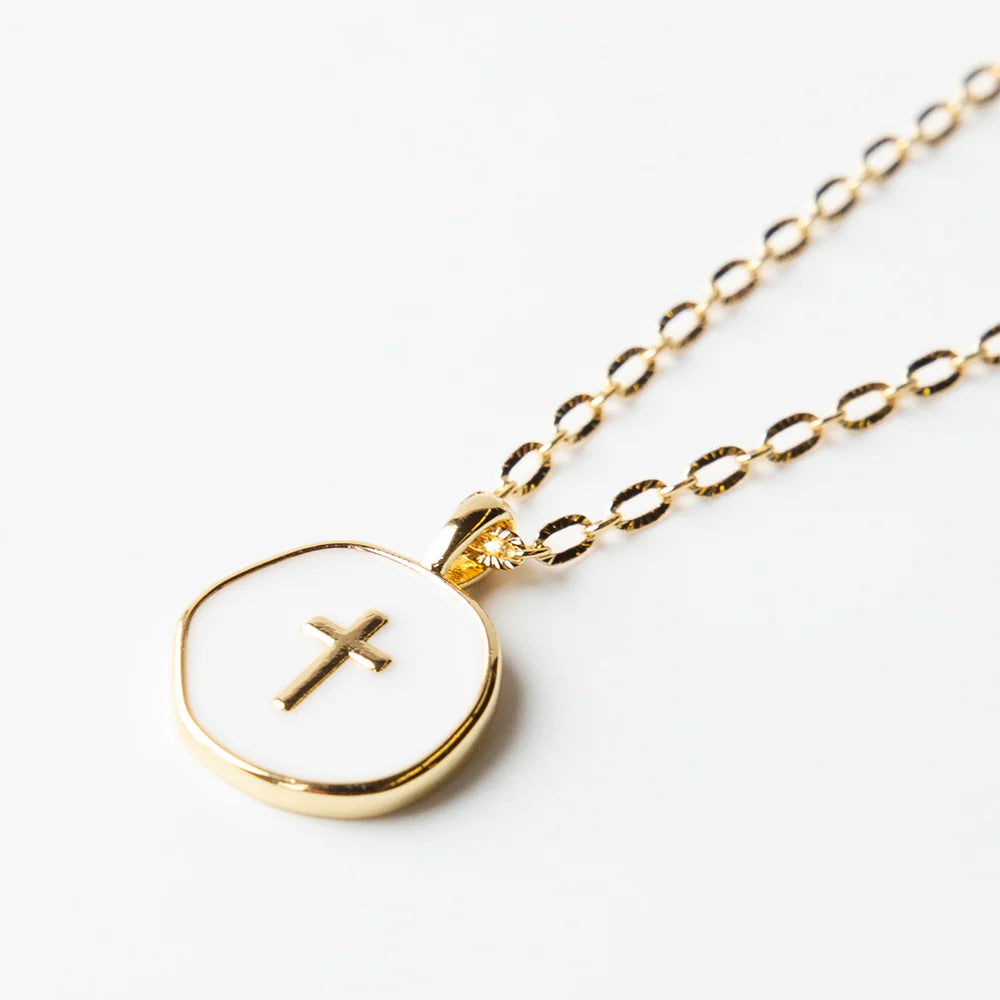 Faith Over Fear White Enamel Cross Pendant on Gold Chain