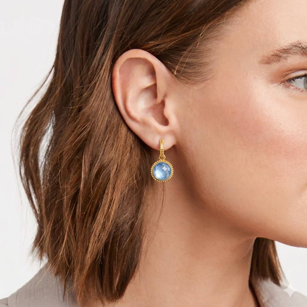 Fleur-de-Lis Hoop & Charm Earring-Iridescent Chalcedony Blue