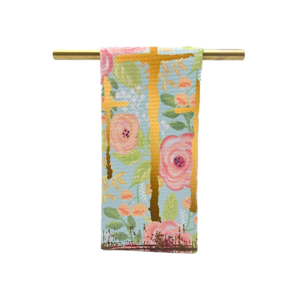 Floral golden cross decorative waffle weave tea towel Christian kitchen decor Rachel Brooks artwork