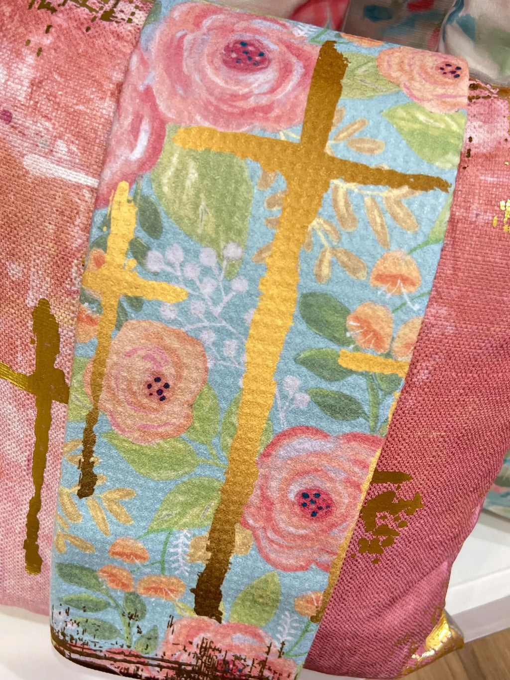 Floral Golden Crosses Tea Towel - Easter Towel