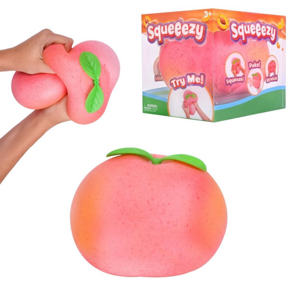 Squeeze toy shaped like a peach with packaging in the background
