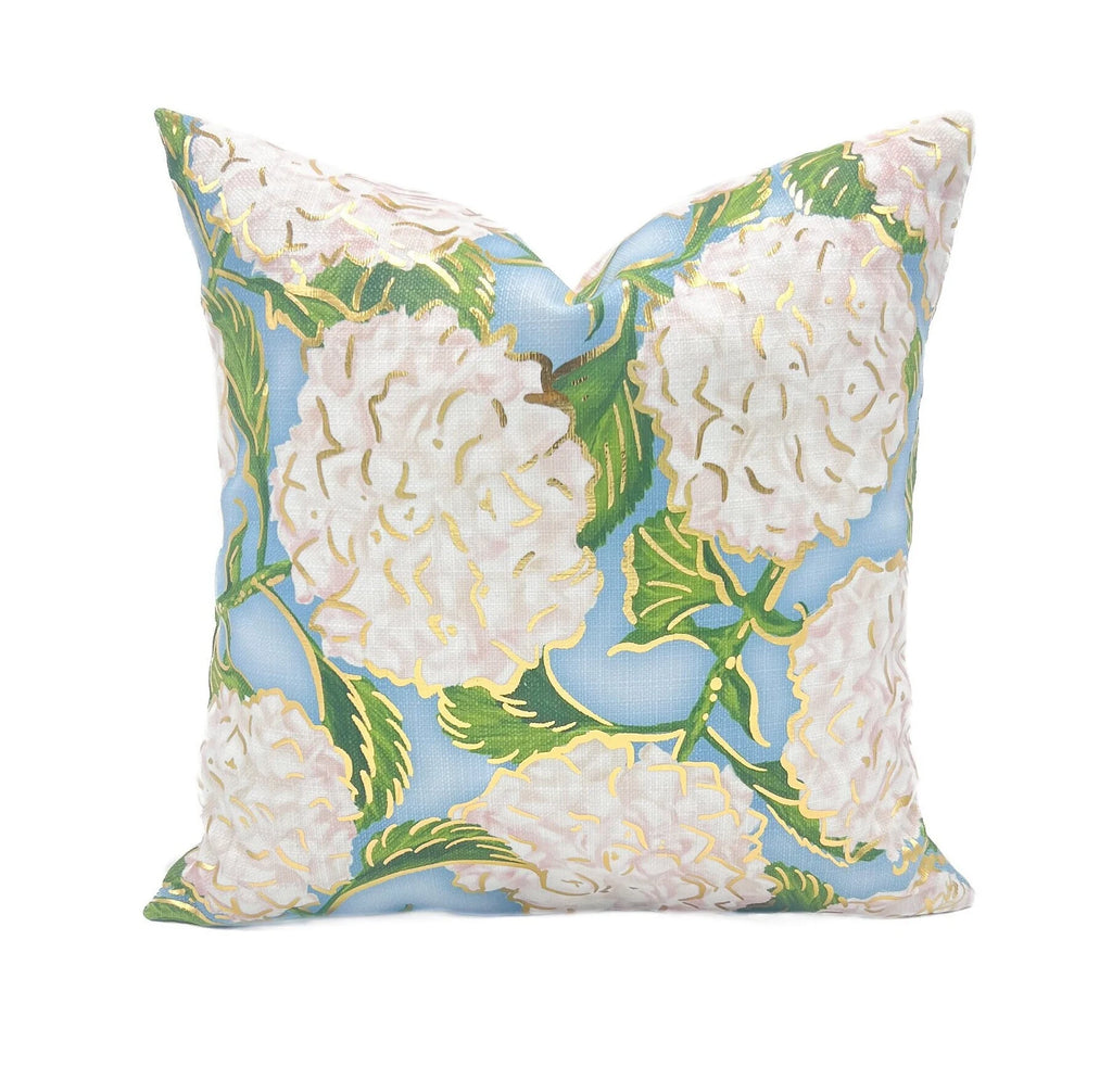 White hydrangea decorative pillow with gold foil floral artwork neutral accent pillow