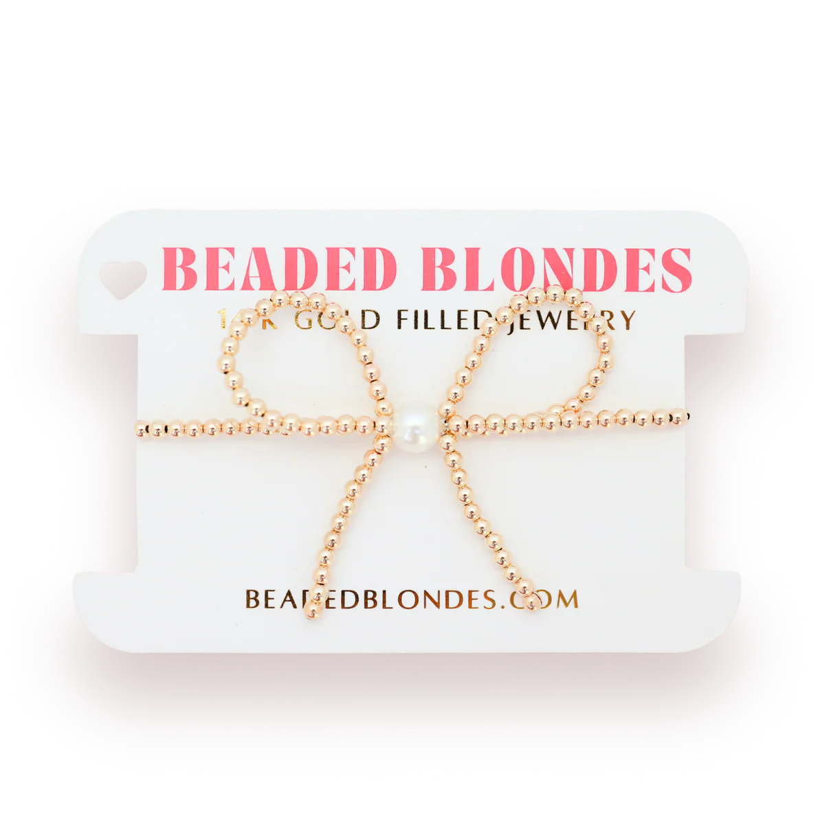 Gold beaded bow-shaped earrings on a 'Beaded Blondes' branded card.