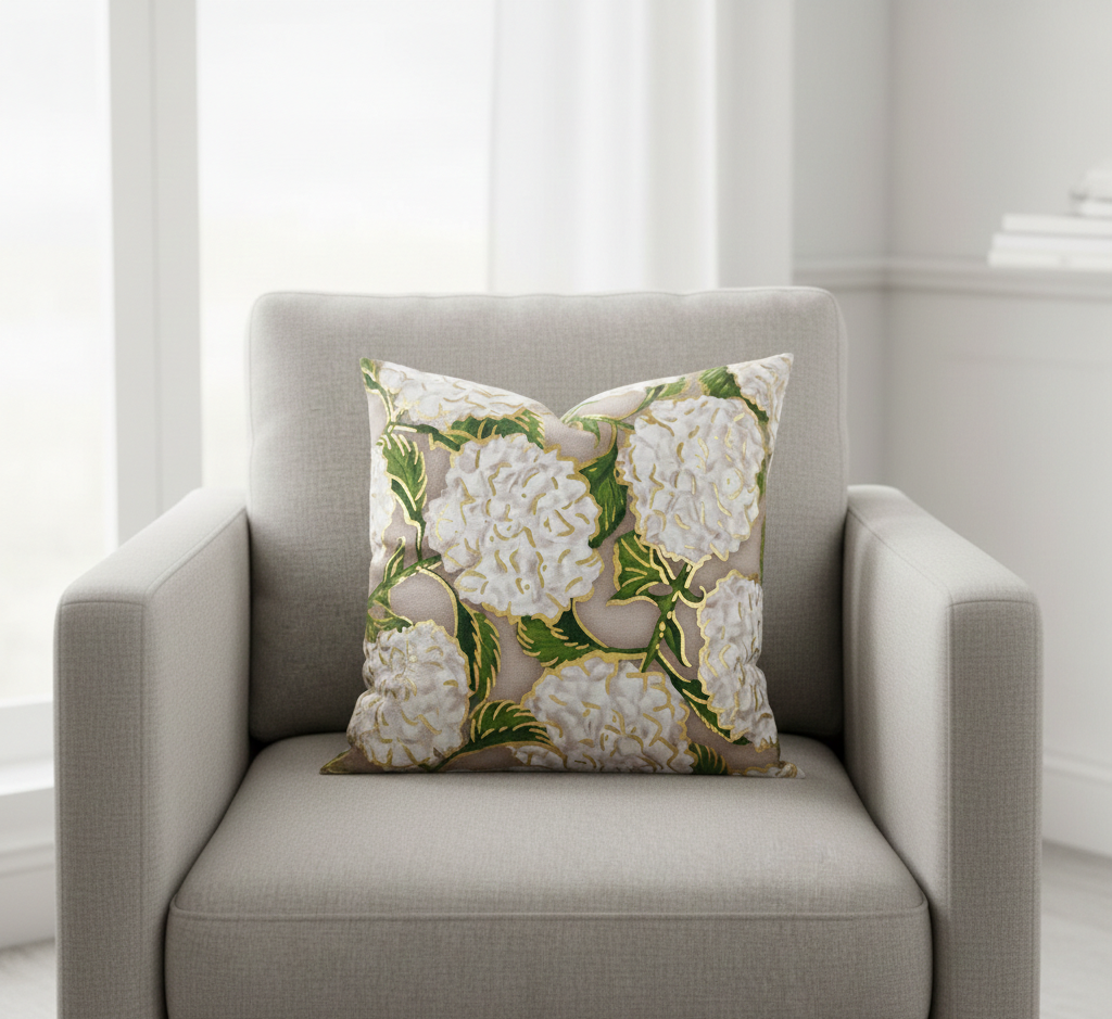 Decorative pillow with floral pattern on a gray armchair in a bright room.
