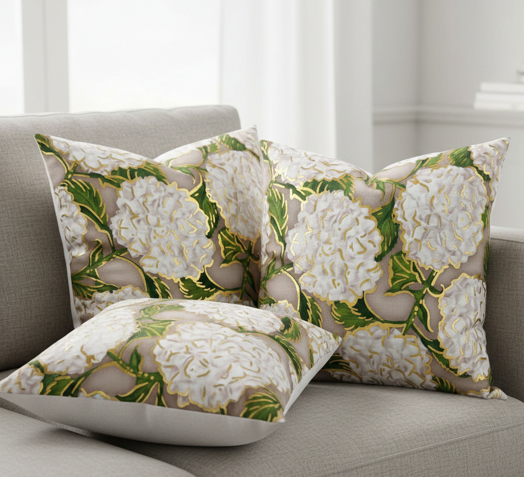 Floral patterned pillows on a gray sofa with a neutral background
