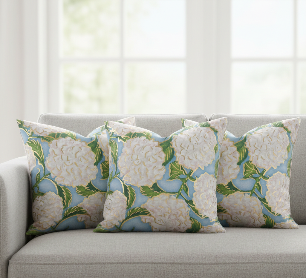 Decorative pillows with floral pattern on a gray sofa in a bright room.