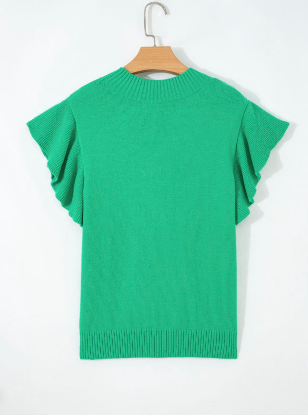 Green Ribbed Trim Ruffle Sleeve Top