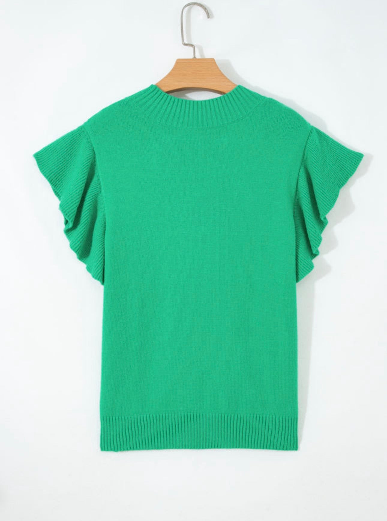 Green Ribbed Trim Ruffle Sleeve Top