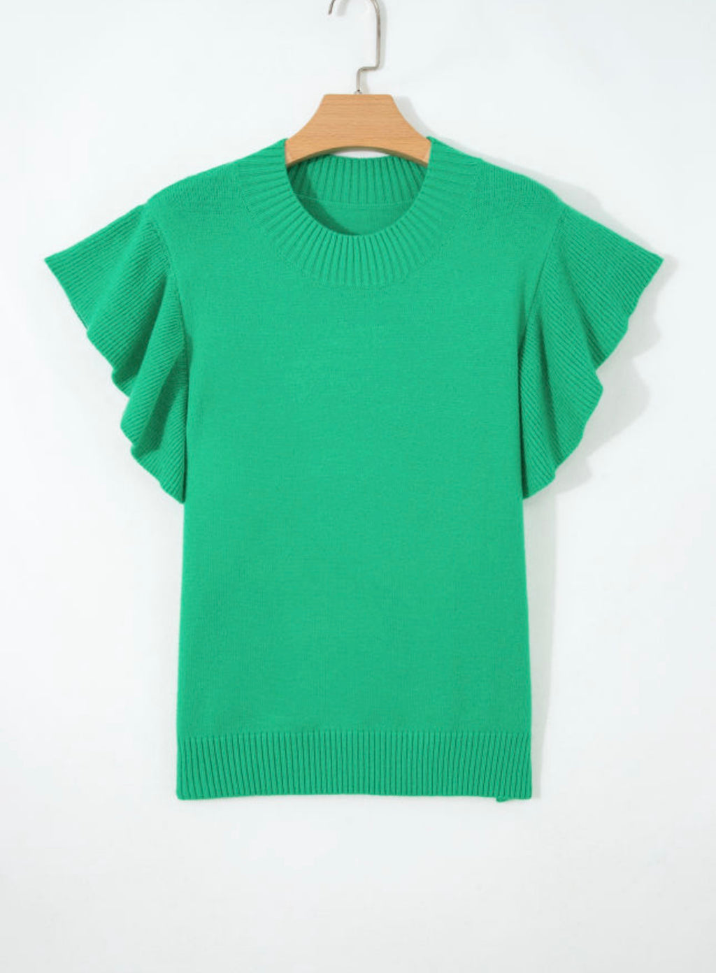 Green Ribbed Trim Ruffle Sleeve Top