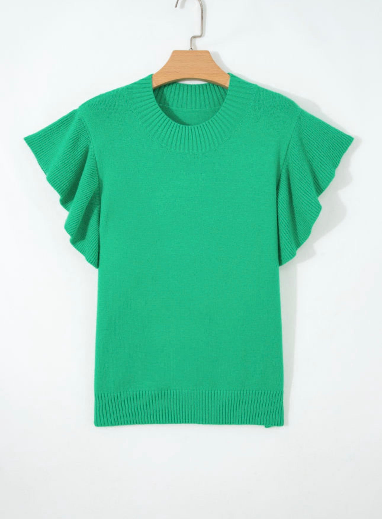Green Ribbed Trim Ruffle Sleeve Top