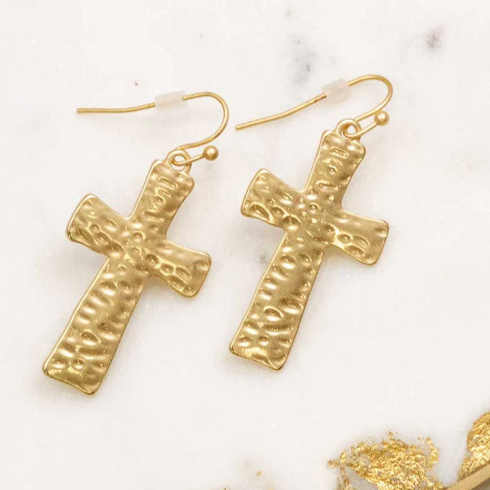 Matte gold hammered cross dangle earrings with textured finish