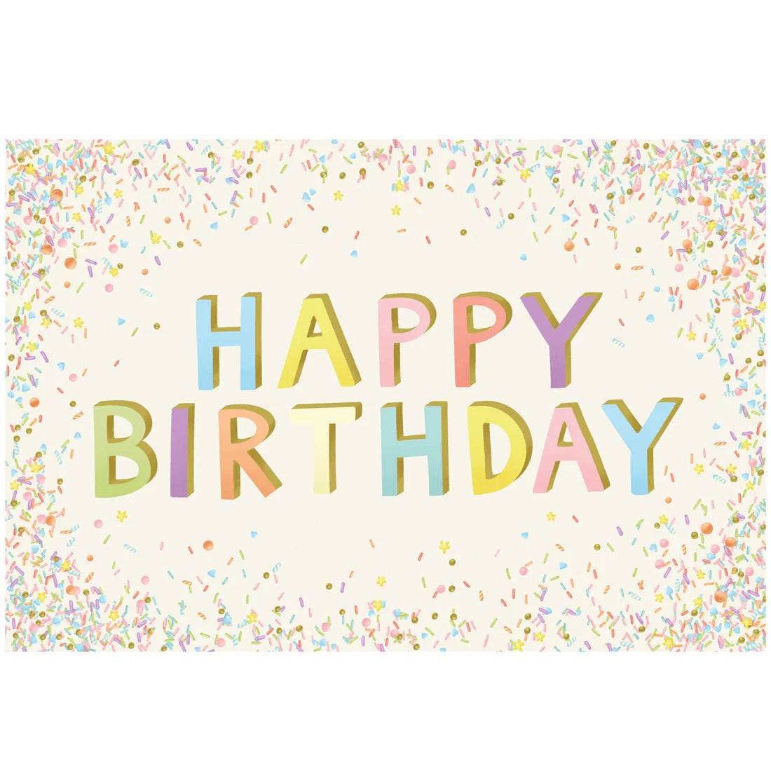 Colorful 'Happy Birthday' text on a confetti-patterned placemat
