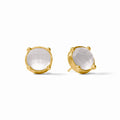 Gold earrings with clear gemstones on a white background