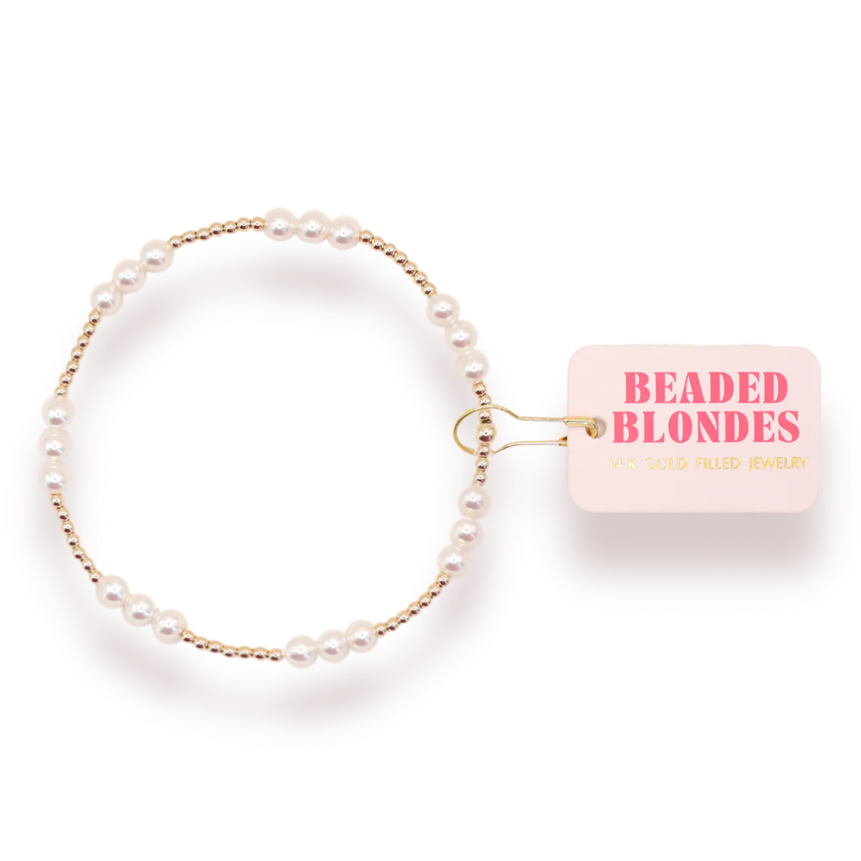Pearl bracelet with a pink box labeled 'Beaded Blondes' on a white background