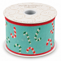 4" x 10 YD Light Blue Ribbon with Dancing Candy Canes and Pink Edge