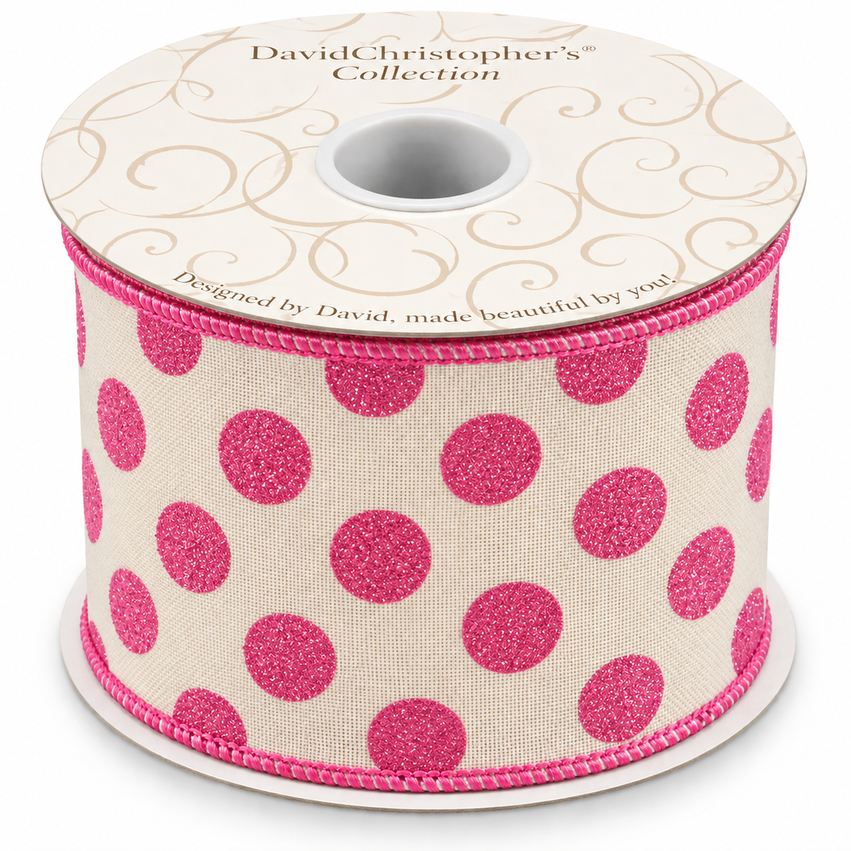4" x 10Yd Pink Glitter Dots on White Rupioni Ribbon with Wire
