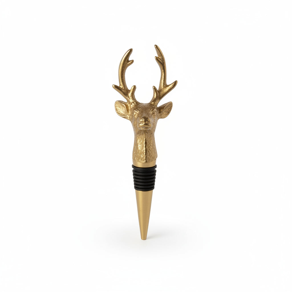 Two deer head bottle stoppers, one in textured silver and one in textured gold, with black rubber seals and pointed metal bases, shown on a light gray background.