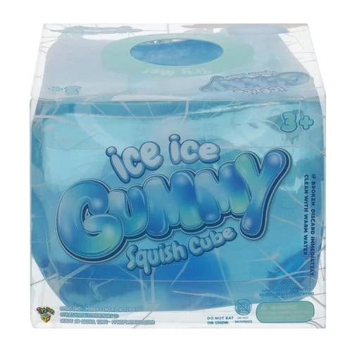 Ice Ice Gummy Squish Cube toy packaging in a clear plastic box, featuring blue and light blue graphics with the product name in large bubbly letters.