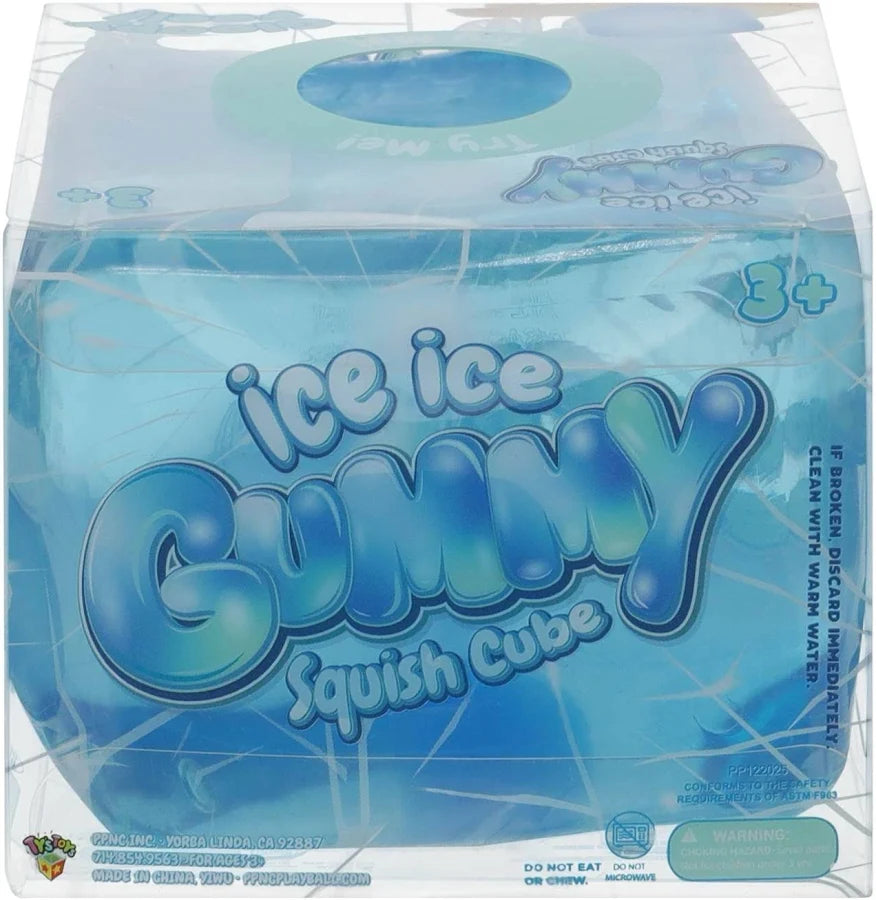 A packaged 'ice ice Gummy Squish Cube' toy in clear plastic wrapping, showing a translucent blue cube with large blue and white bubble-style lettering and a small '3+' age mark on the front.
