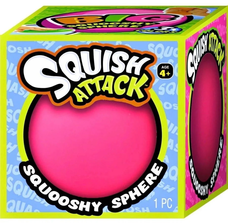 A boxed toy product labeled 'Squish Attack' with a bright pink squooshy sphere visible through the front packaging window. The box is lime green and blue with large product branding and '1 PC' text.