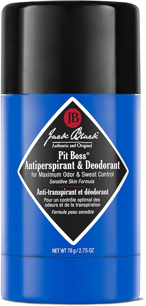 Blue and black deodorant stick with Jack Black logo on a white background