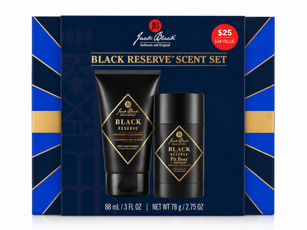 Jack Black Black Reserve Scent Set gift box containing a Black Reserve body wash tube and a Black Reserve Pit Boss deodorant stick, on a white background.