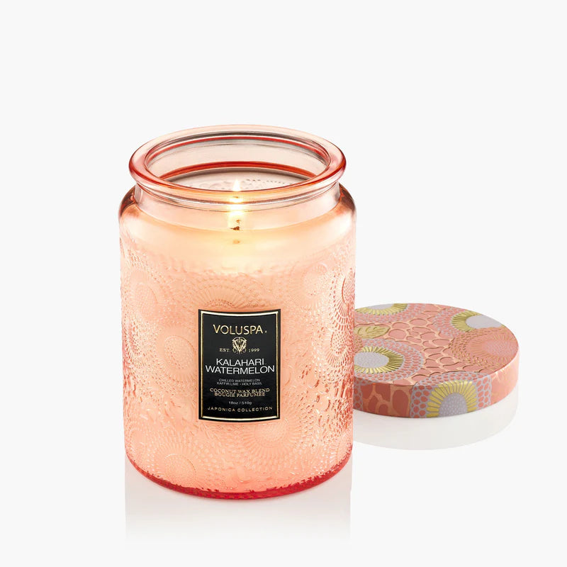  Kalahari Watermelon large jar luxury coconut wax candle in embossed glass with lid