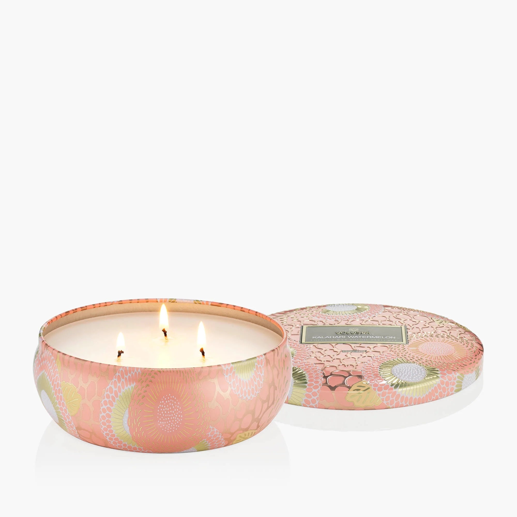 Voluspa Kalahari Watermelon 3 wick luxury coconut wax candle in decorative metal tin