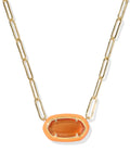 Gold chain necklace with an orange pendant on a white background