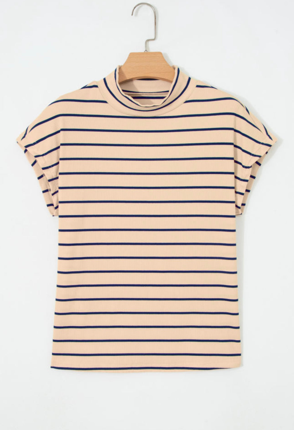 Khaki Stripe Mock Neck Short Sleeve Blouse