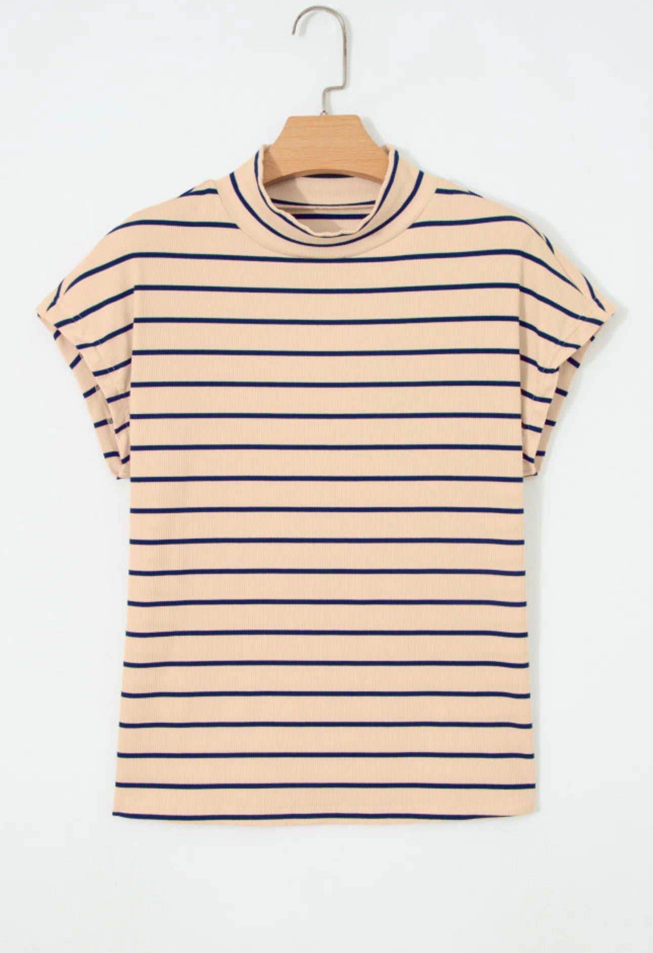 Khaki Stripe Mock Neck Short Sleeve Blouse