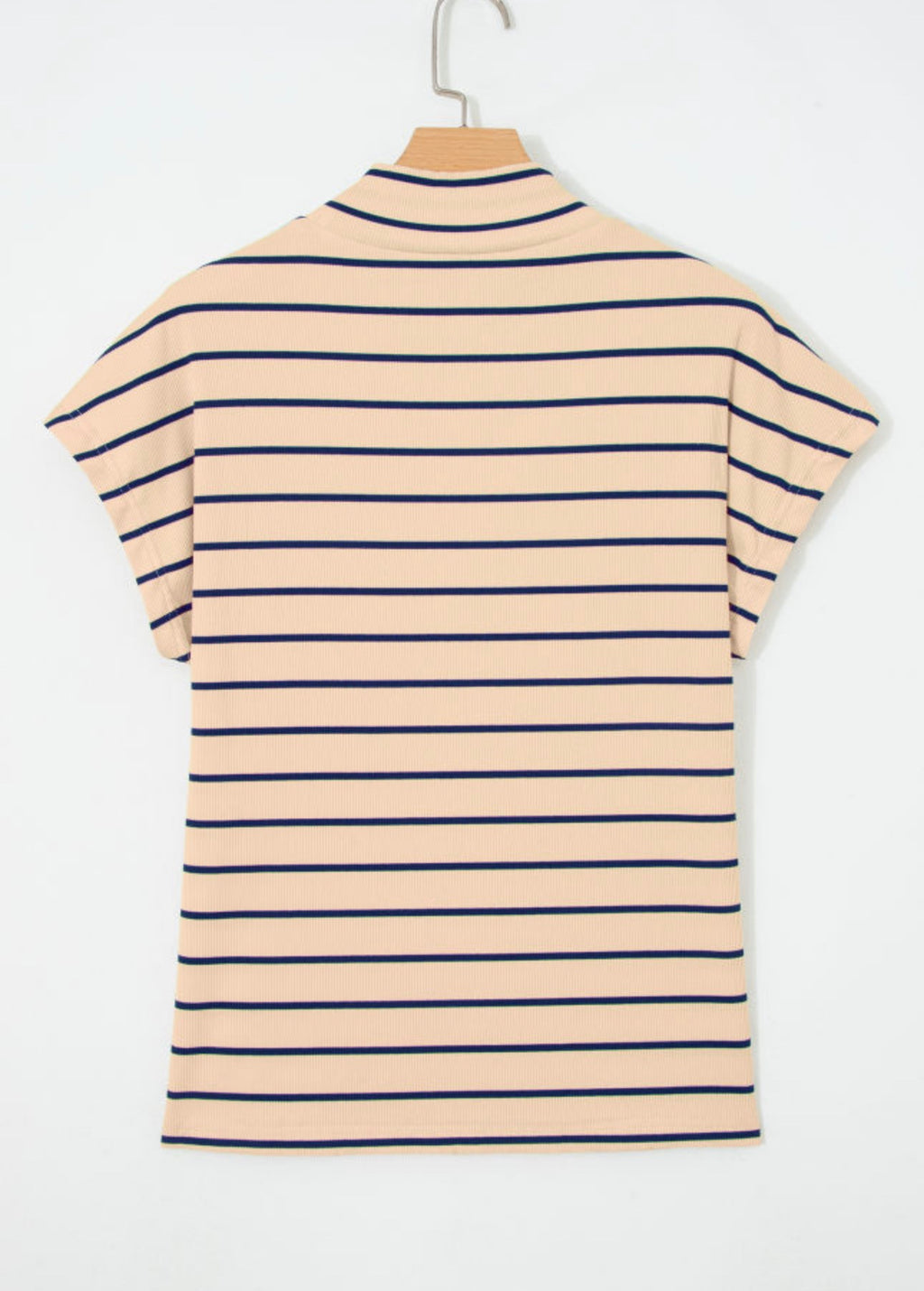 Khaki Stripe Mock Neck Short Sleeve Blouse