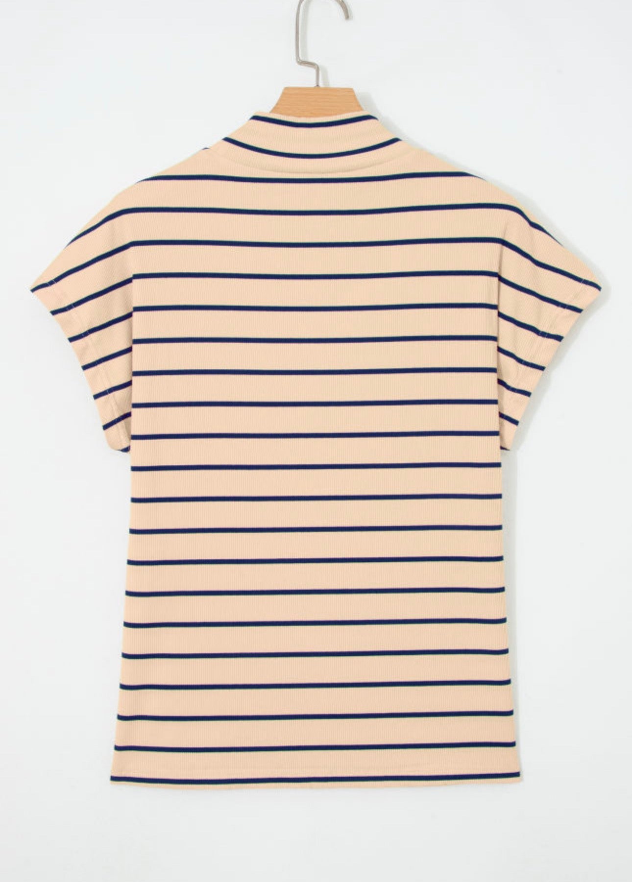 Khaki Stripe Mock Neck Short Sleeve Blouse