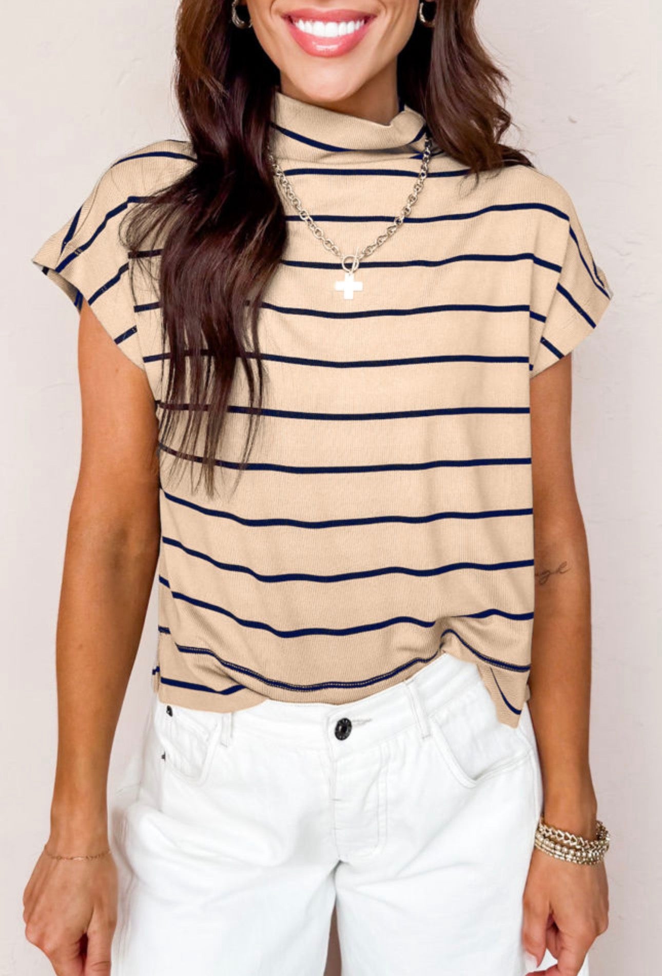 Khaki Stripe Mock Neck Short Sleeve Blouse