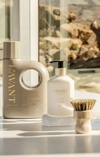 LAVANT skincare products on a table with a scenic background