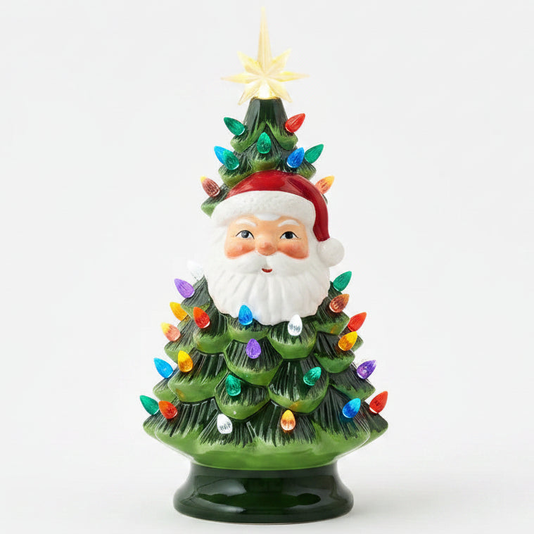 Three small ceramic Christmas tree figurines on a light gray background: one with a snowman head, one with a Santa Claus face in the middle, and one with a Santa Claus face on the right. The trees are green with multicolored lights and gold star toppers.