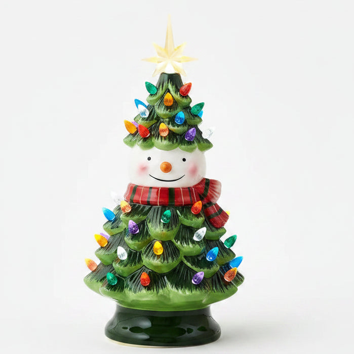 Three small ceramic Christmas tree figurines on a light gray background: one with a snowman head, one with a Santa Claus face in the middle, and one with a Santa Claus face on the right. The trees are green with multicolored lights and gold star toppers.