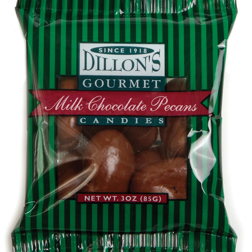 Packaged milk chocolate pecans with Dillon's Gourmet branding on a white background