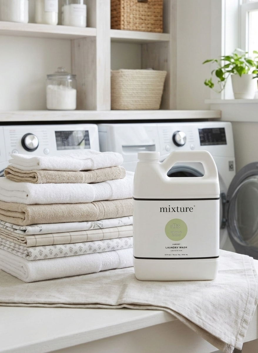 Laundry scene with folded clothes, detergent, and shelves in a laundry room.