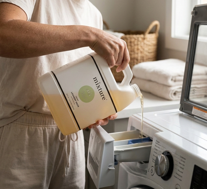 Woman pouring laundry detergent into a washing machine with folded clothes in the background.