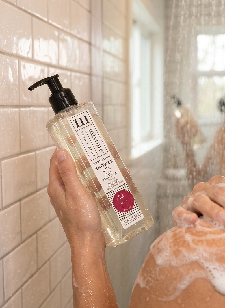 Person using a bottle of Mixture Shower Gel Vat 9 in a shower setting