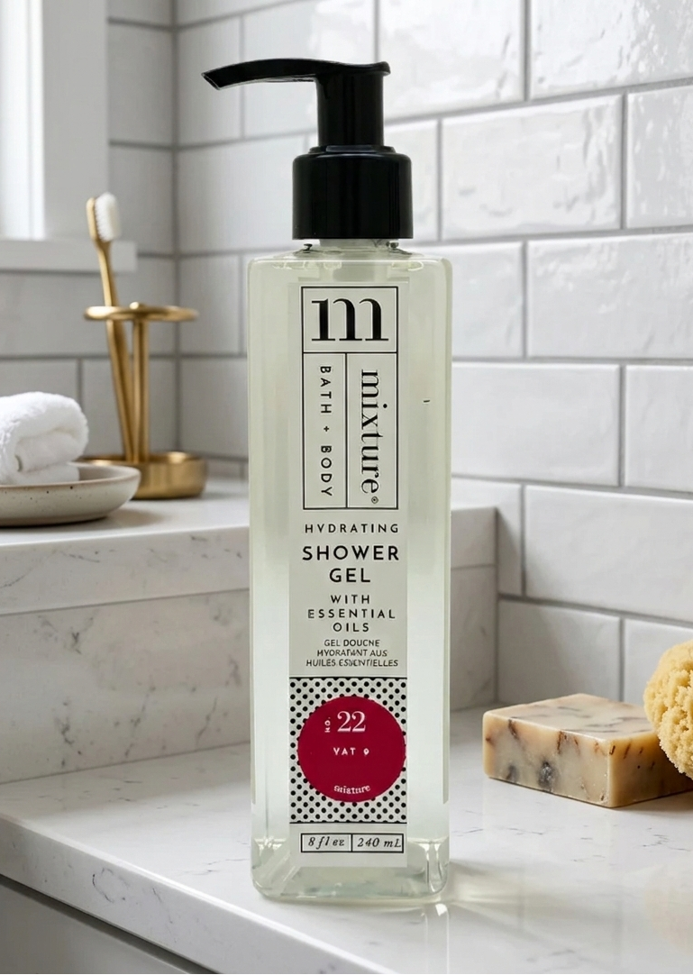 Bottle of shower gel on a bathroom counter with soap and sponge in the background