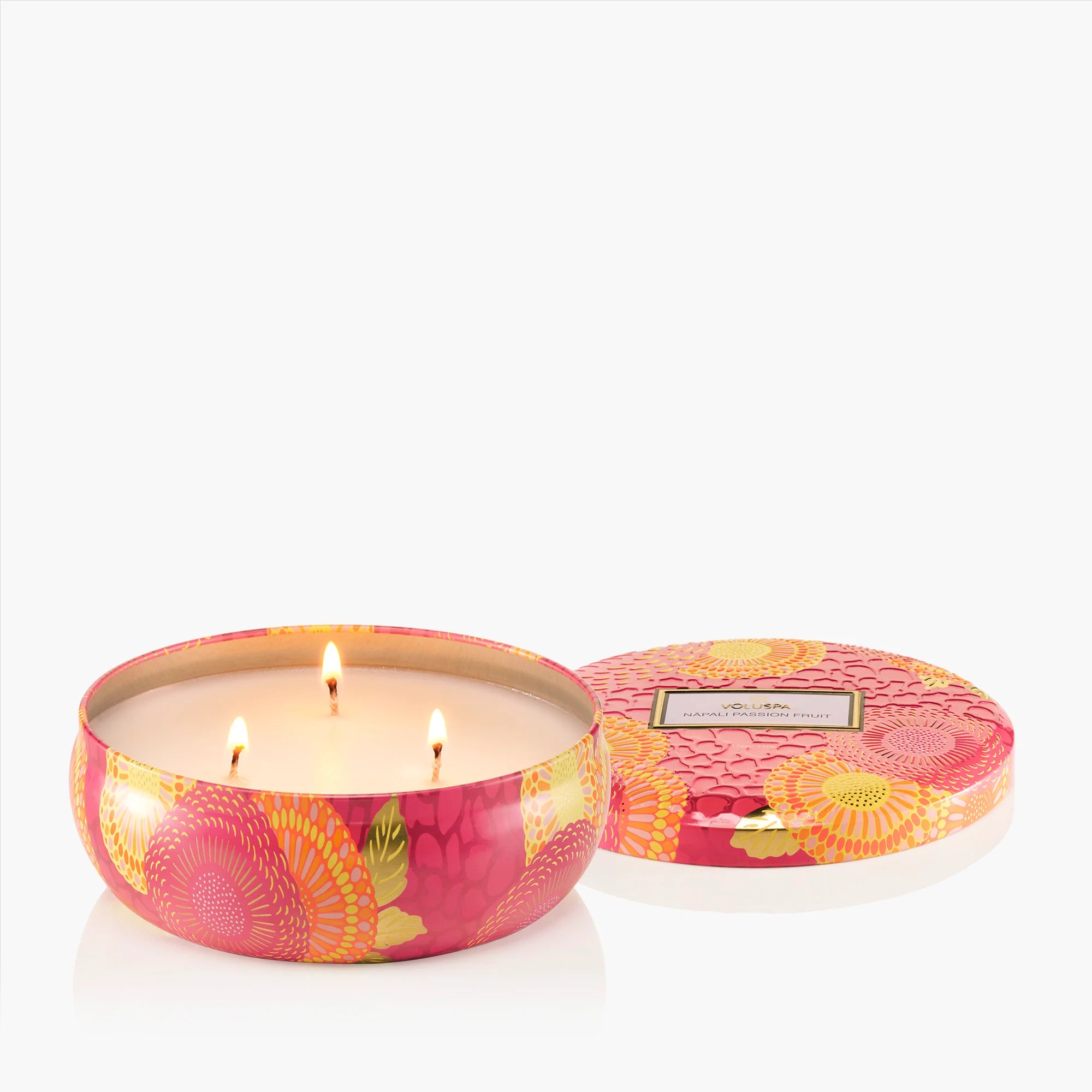 Voluspa Napali Passion Fruit 3 wick luxury coconut wax candle in decorative metal tin