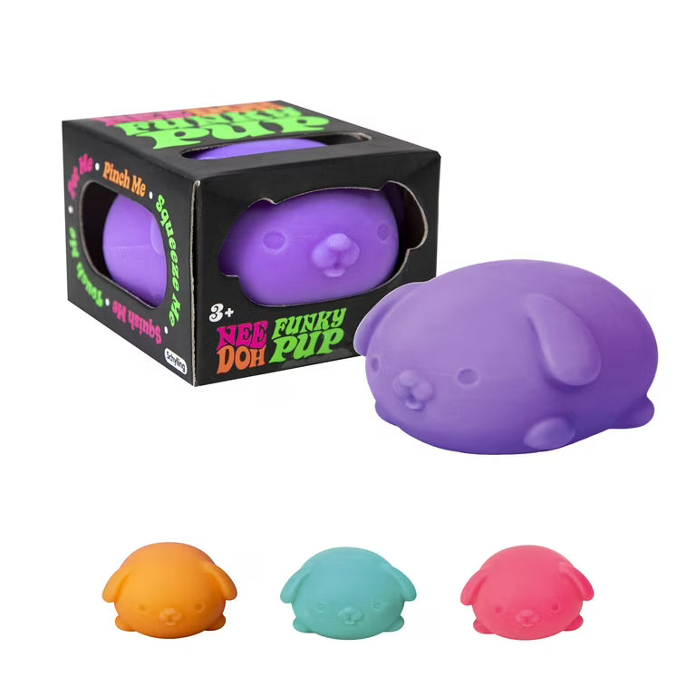 Purple dog-shaped Nee doh  with packaging and additional dog toys in different colors on a white background