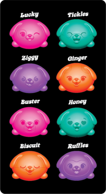 Colorful NeeDoh Teenie Funky Pups – 3 Pack with names on a black background