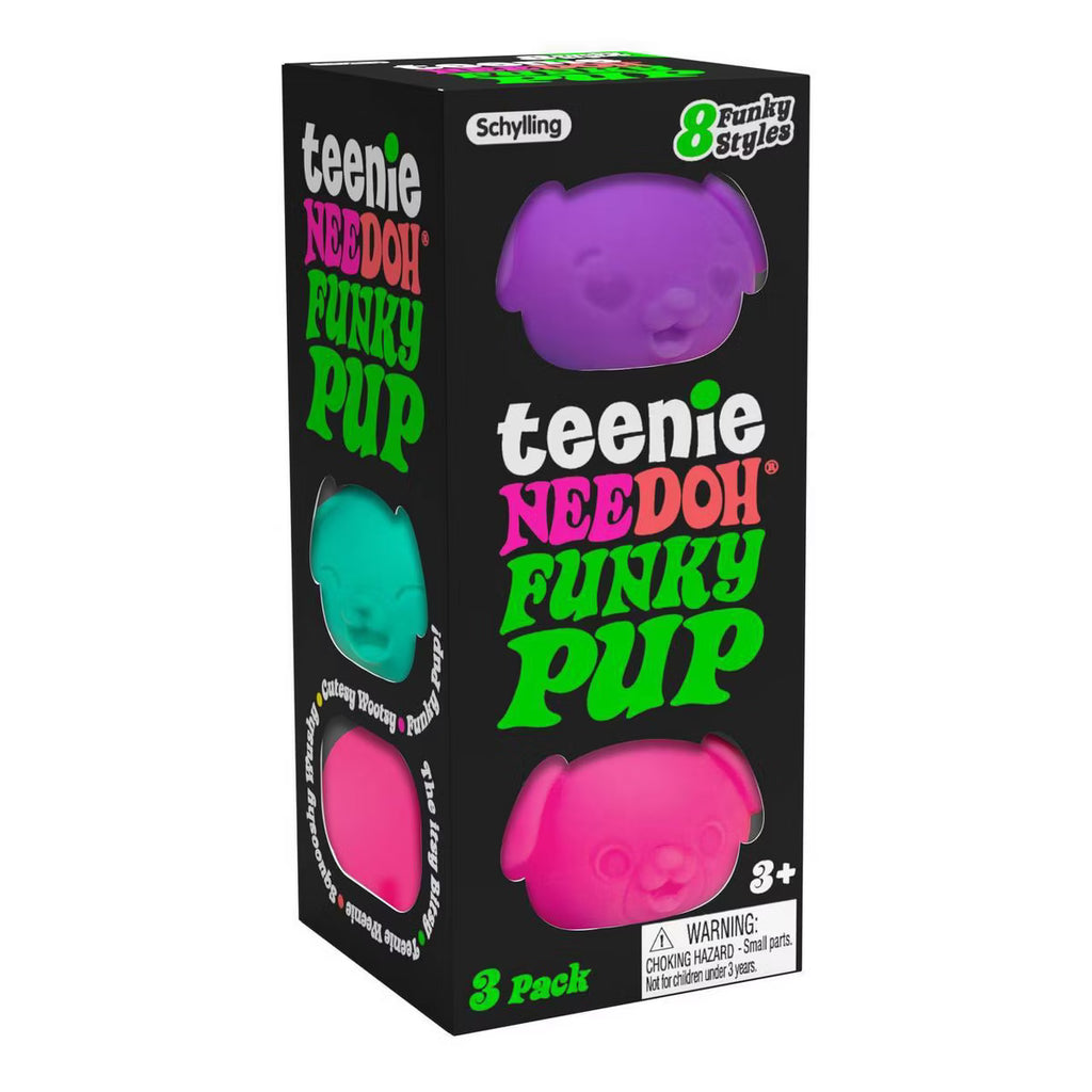 Box of Teenie Needoh Funky Pup with colorful pups on a white background