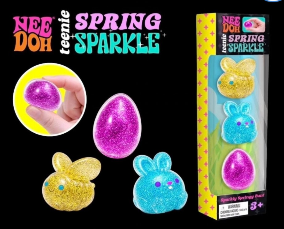Nee Doh Teenie Spring Sparkle toys with packaging on a black background