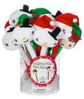 A set of GANZ' North Pole-themed novelty pen pals bundled in a clear plastic container. The plush pens include snowman, elf, Santa Claus, and cartoon character designs in red, green, white, and black.